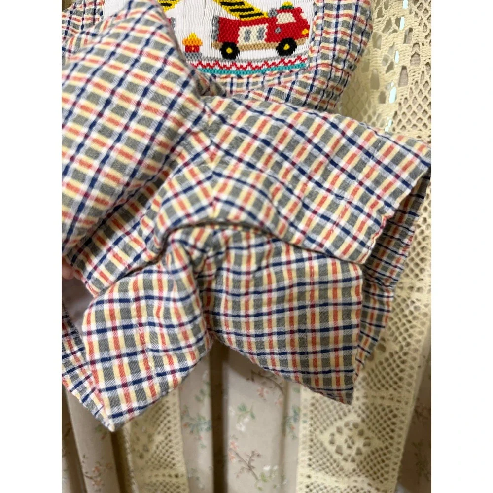 Sir John by Rosalina Baby Boy 12M Smocked Fire Truck Plaid Jon Jon Shortall